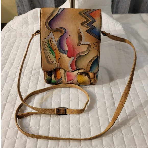 Handbags - VTG Unique Hand Painted Abstract Art Leather Crossbody Purse Tan‎ Strap 70s 80s